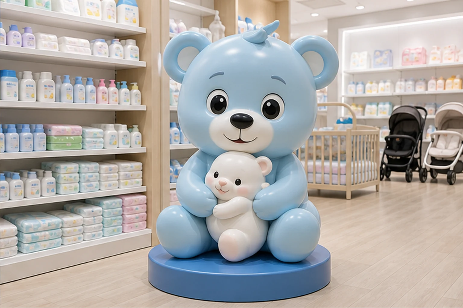 Mascot composite của thương hiệu đặt cạnh khu sản phẩm trong cửa hàng mẹ và bé, có bệ chắc, ánh sáng tốt và khoảng đứng...