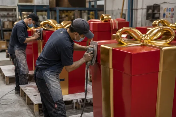 thợ hoàn thiện bề mặt mô hình composite hộp quà Noel với lớp sơn đỏ và vàng kim trong xưởng sản xuất