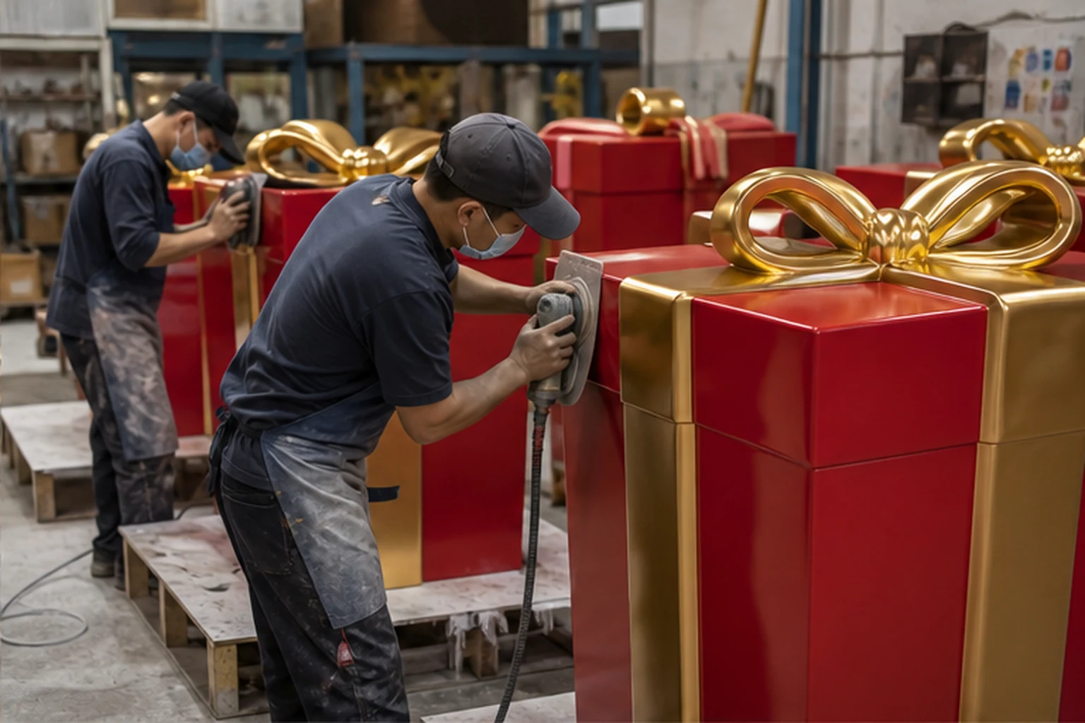 Hai thợ trong xưởng đang mài hoàn thiện các mô hình hộp quà Noel composite cỡ lớn sơn đỏ bóng với nơ và dải trang trí màu...