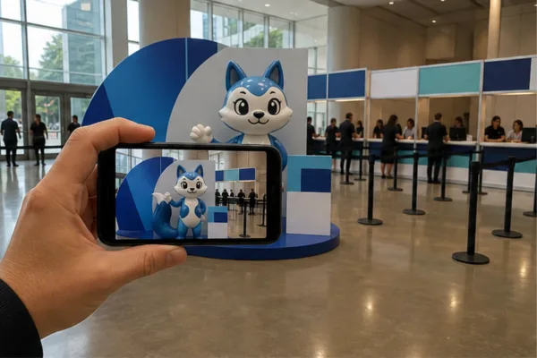 khu check-in sự kiện có linh vật composite và cụm chữ chương trình rõ trong khung ảnh điện thoại