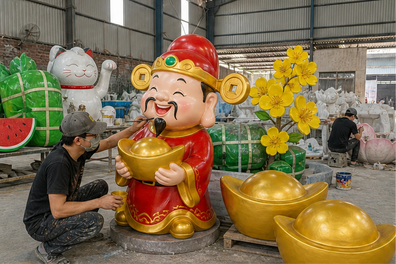 Thợ đang hoàn thiện sơn bề mặt tượng Thần Tài và các mô hình trang trí Tết bằng composite trong xưởng sản xuất.