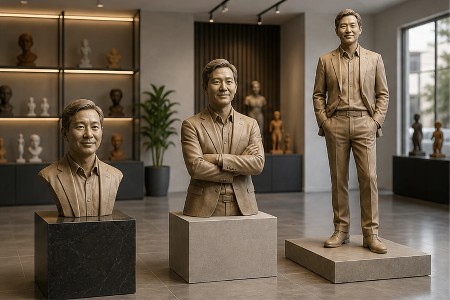 ba phương án tượng bán thân nửa người và toàn thân bằng composite đặt trong showroom để minh họa cách chọn theo khoảng nhìn
