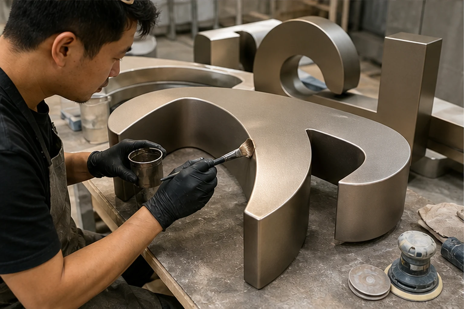 thợ hoàn thiện bề mặt chữ composite với lớp sơn mờ và hiệu ứng ánh kim trong xưởng để minh họa vật liệu chủ lực và chất...