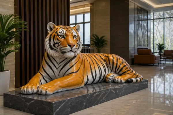 tượng hổ composite hoàn thiện màu lông cam đen đặt tại sảnh showroom để minh họa vai trò điểm nhấn nhận diện và khu chụp ảnh
