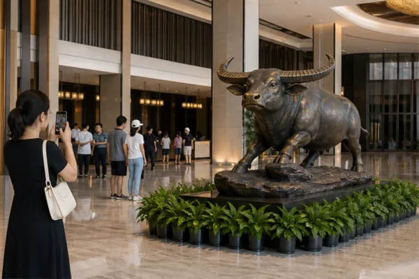Tượng trâu composite tại khu check-in thương mại với khách đứng chụp ảnh