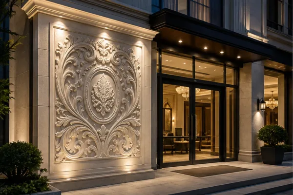 Mặt tiền showroom có mảng hoa văn nổi lớn, ánh đèn chiếu tạo bóng trên vách và khu sảnh đón phía trước.