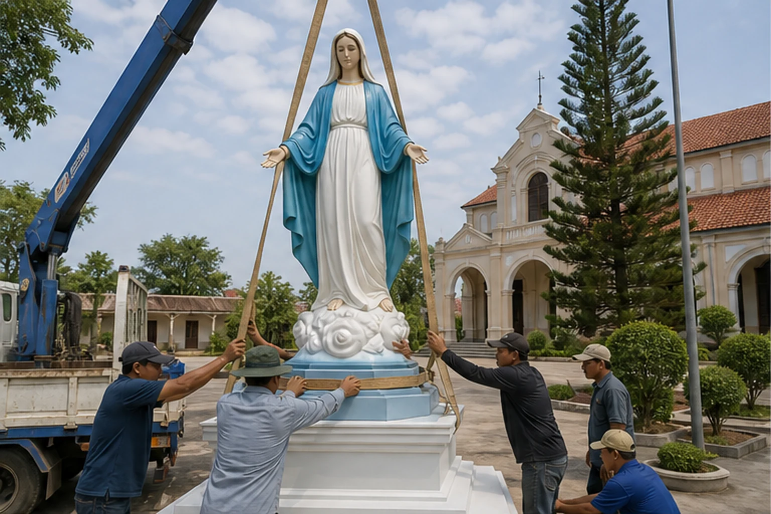 Đội thi công dùng cần cẩu lắp đặt tượng Đức Mẹ kích thước lớn trên bệ cố định trong khuôn viên nhà thờ.