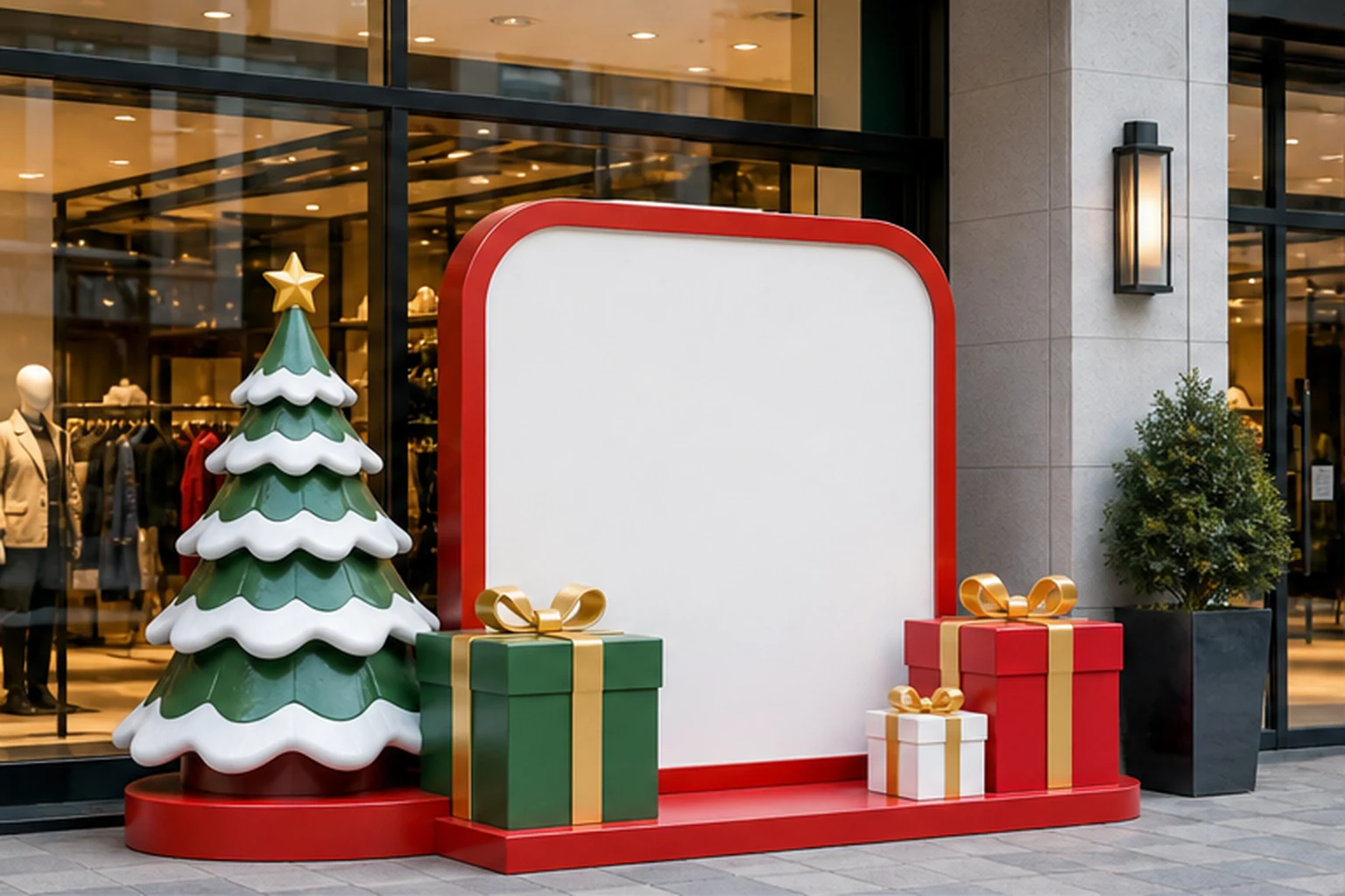 cụm mô hình Noel composite trước cửa hàng với hộp quà, cây thông cách điệu và logo thương hiệu, minh họa cách tạo điểm...