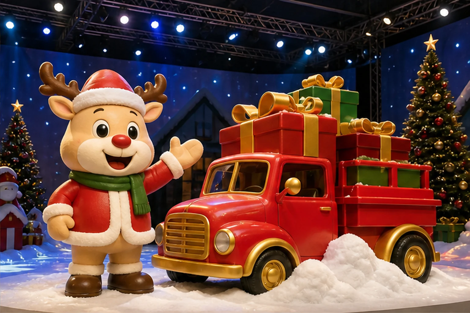 sân khấu sự kiện Noel với mô hình chuyến xe quà composite, nền tuyết xốp nhẹ và nhân vật thương hiệu phiên bản Giáng...