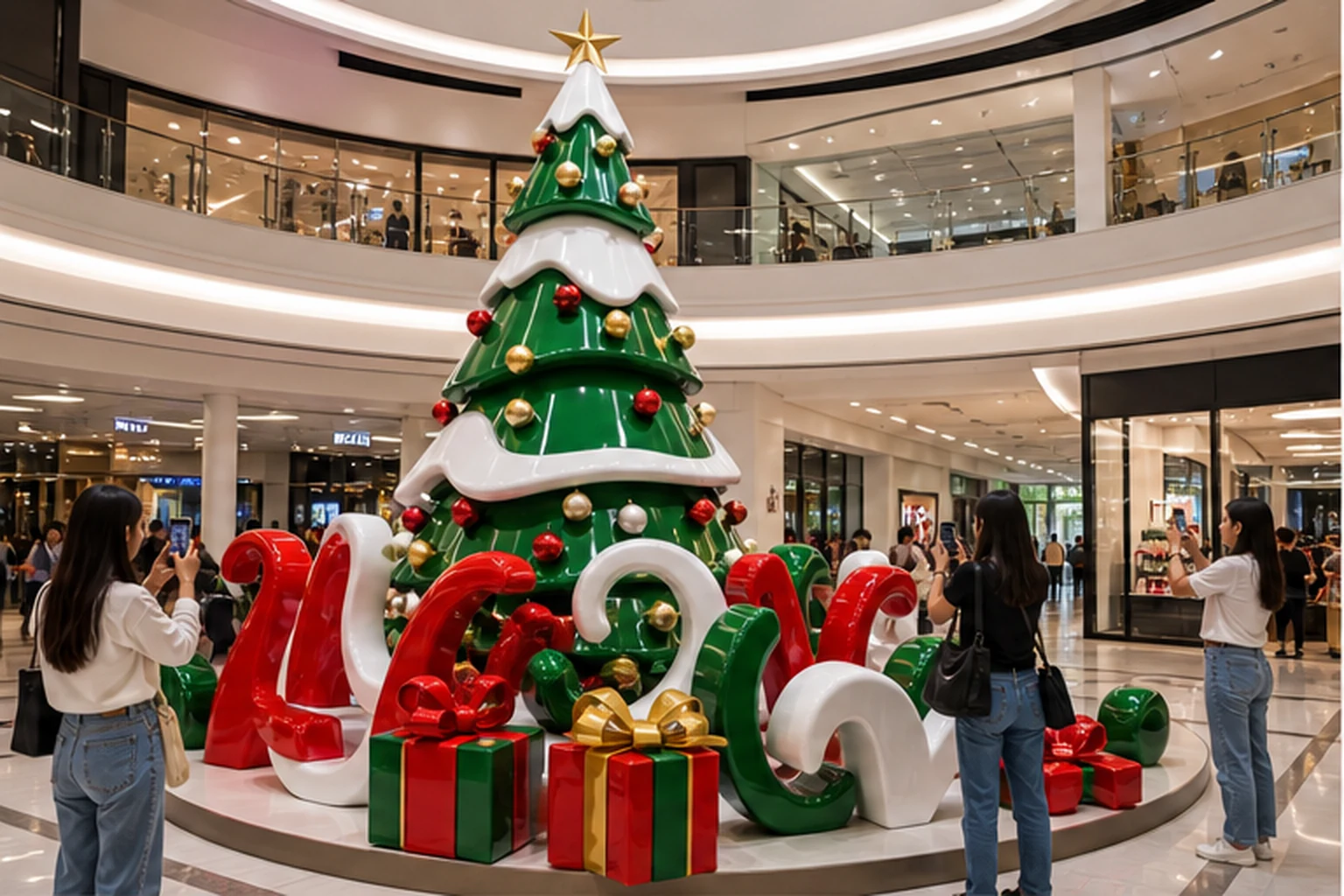 Cụm cây thông Noel composite lớn màu xanh trắng đặt trong trung tâm thương mại, xung quanh có hộp quà, chữ nổi trang trí...