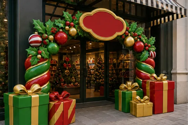 Cụm trang trí Noel composite tại mặt tiền với cổng chào, hộp quà và logo