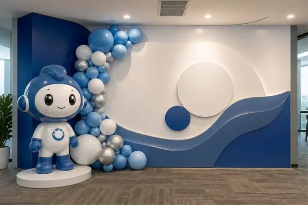 Góc check-in văn phòng có nền thương hiệu, mascot composite, cụm chữ nổi và khoảng đứng cho nhóm nhân viên chụp ảnh sự...
