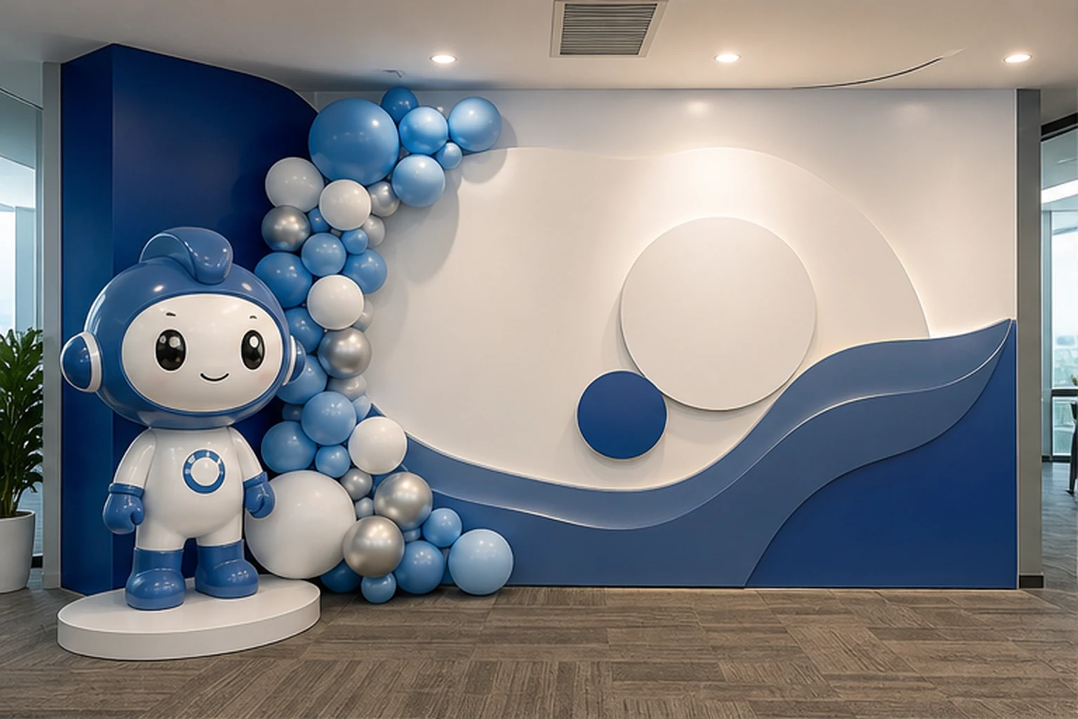 Góc check-in văn phòng có nền thương hiệu, mascot composite, cụm chữ nổi và khoảng đứng cho nhóm nhân viên chụp ảnh sự...