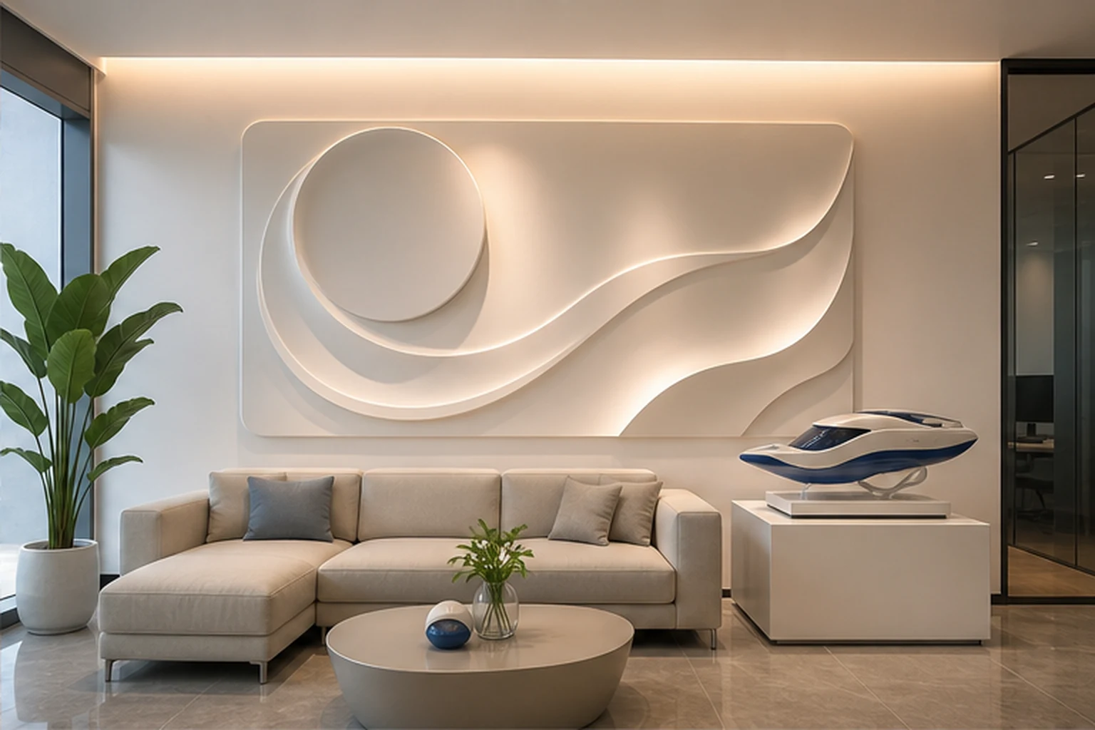 Sảnh showroom hiện đại với sofa tiếp khách, tranh phù điêu composite trừu tượng khổ lớn trên vách có đèn hắt sáng và mô...