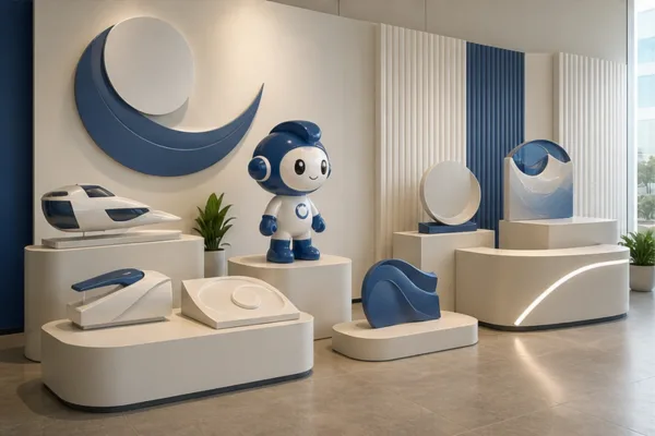 Bản phối cảnh các hạng mục trang trí văn phòng gồm logo nổi, mô hình nhận diện, decor sảnh và chi tiết vách composite...