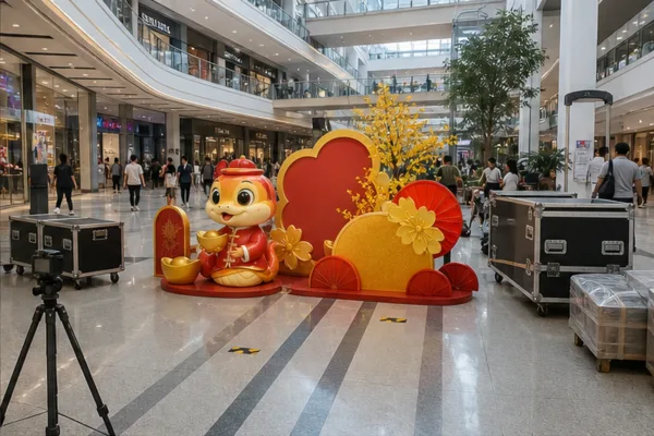 Bản phác vị trí đặt cụm trang trí Tết trong sảnh trung tâm thương mại với lối đi, hướng chụp ảnh và module vận chuyển để...