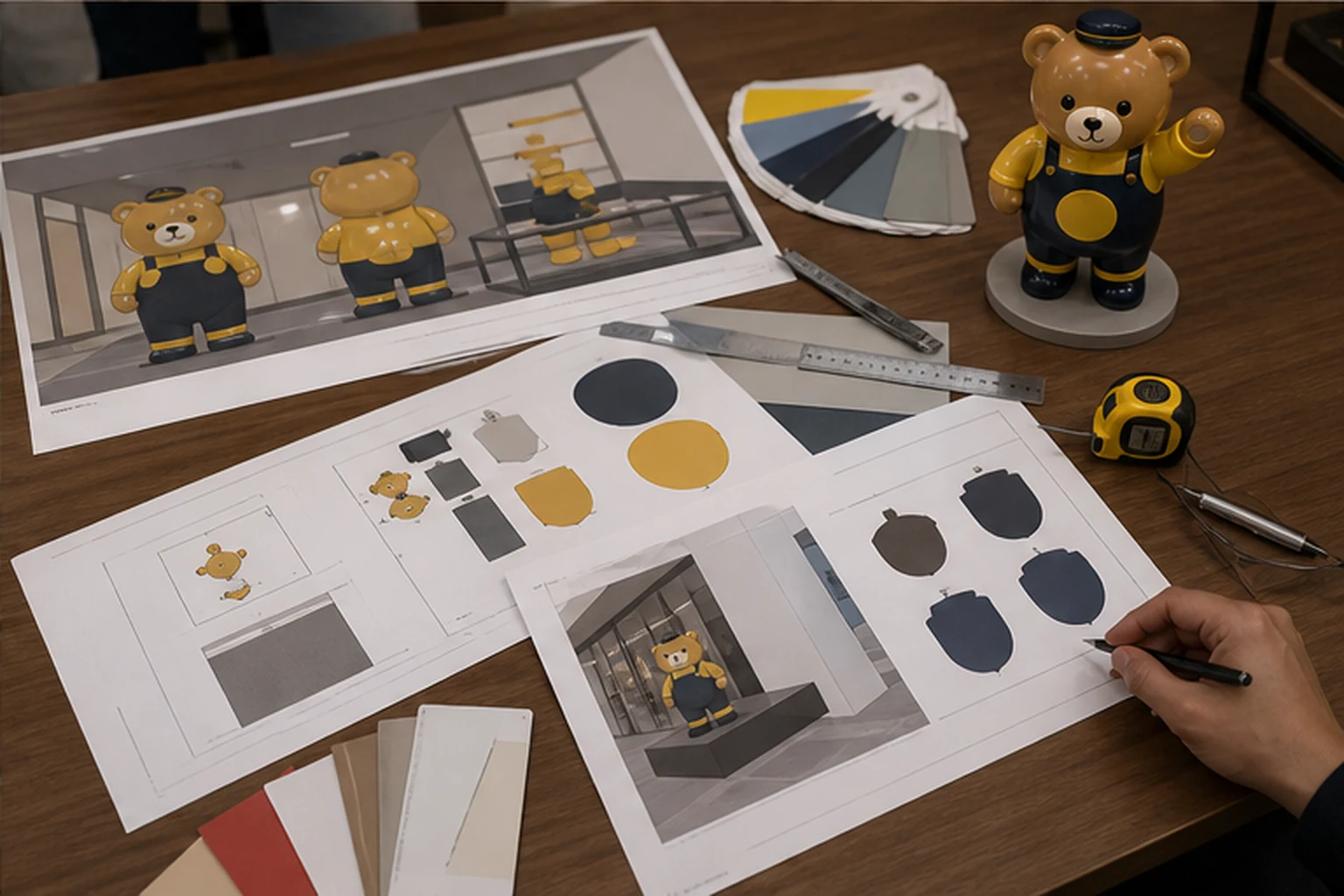 Bộ brief đặt làm mascot gấu composite trên bàn làm việc với bản phối cảnh shop, mẫu tượng gấu tham khảo, bảng màu, thước...