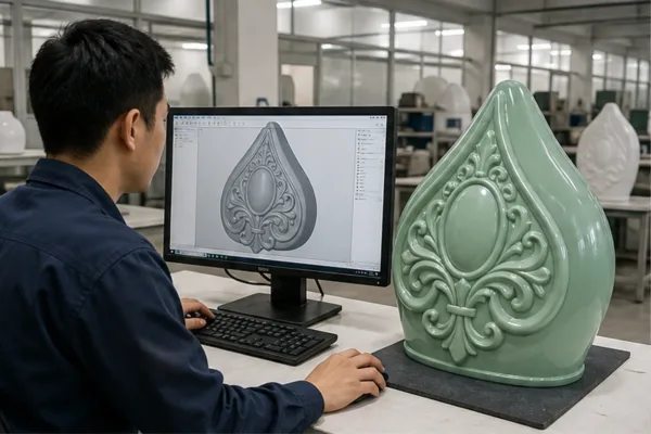 kỹ thuật viên kiểm tra file 3D mô hình sản phẩm bên cạnh mẫu composite đã sơn màu thương hiệu để minh họa bước chuyển...