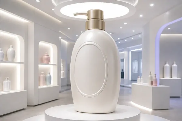 Mô hình chai mỹ phẩm composite trong showroom với bề mặt mịn và logo nổi