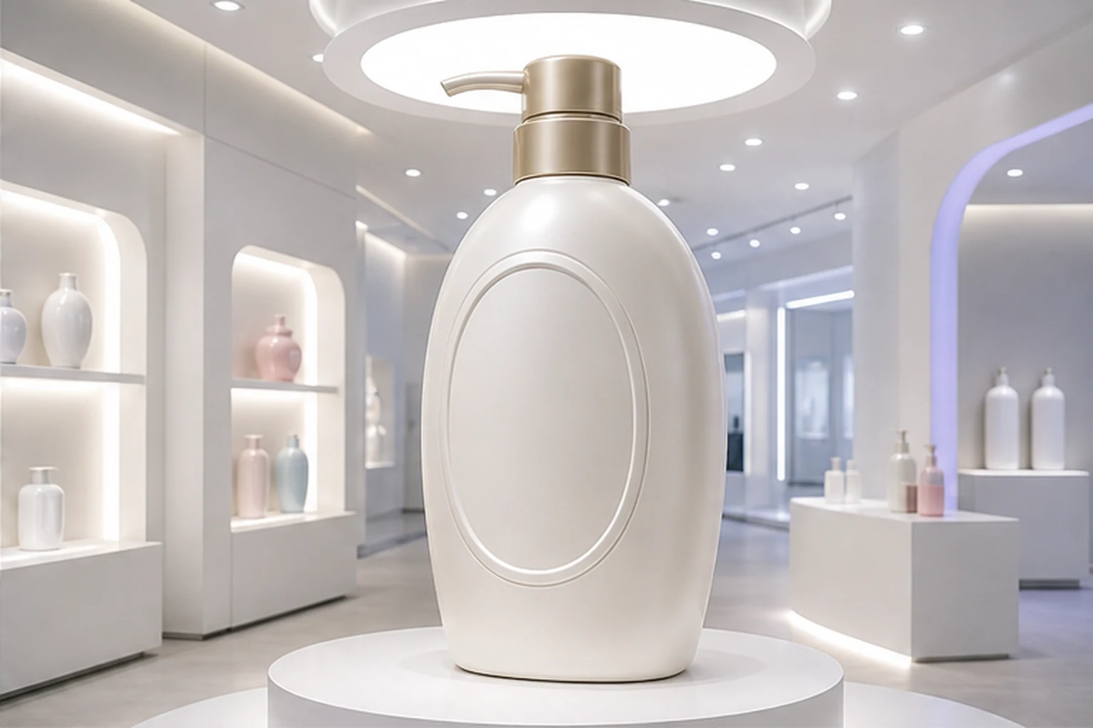 mô hình chai mỹ phẩm composite trong showroom dưới ánh đèn trắng với bề mặt mịn và logo nổi để minh họa yêu cầu nhìn gần...