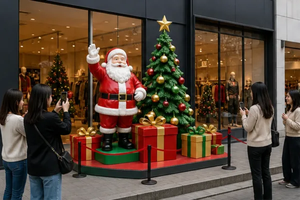 Cụm trang trí cửa Giáng sinh với cây thông, ông già Noel và hộp quà