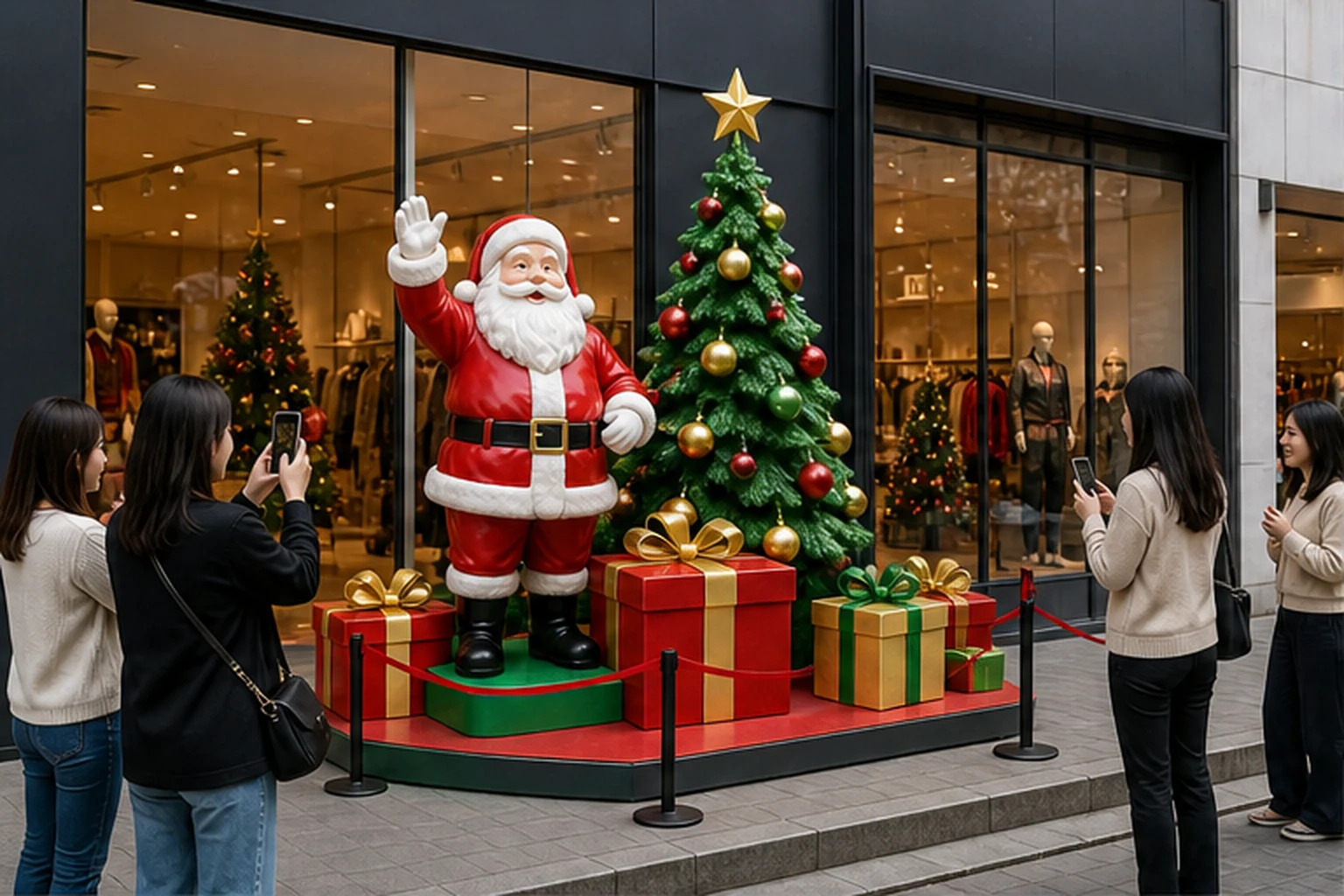 Cụm trang trí Giáng sinh trước cửa shop thời trang với cây Noel lớn, tượng ông già Noel, các hộp quà trên bệ và khách...
