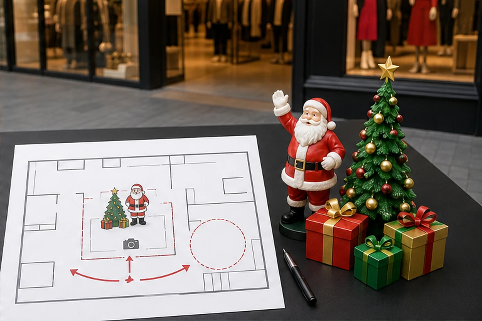 Bản phác bố cục cụm Noel trên mặt bằng cửa hàng với hướng khách đi tới, khoảng đứng chụp ảnh và vị trí logo để minh họa...