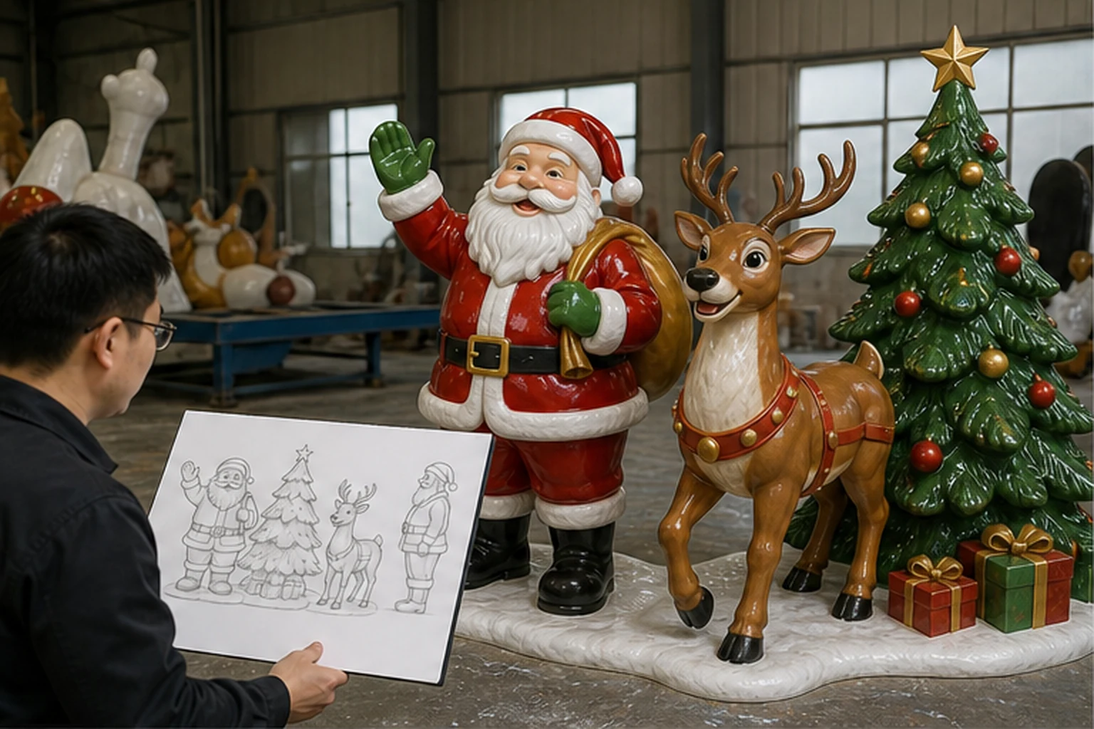 Bản phác thảo cụm ông già Noel tuần lộc cây thông chuyển thành kích thước và hướng nhìn cụ thể để minh họa bước duyệt...