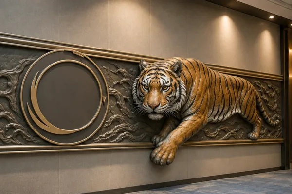 phù điêu hổ composite trên vách backdrop sự kiện, có logo và vùng nổi ngang tầm mắt để minh họa giải pháp tiết kiệm mặt bằng