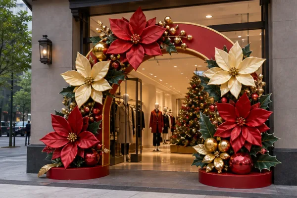 Cụm hoa Noel composite kích thước lớn đặt trước cửa shop thời trang với khung vòm đỏ vàng để minh họa điểm check-in mặt tiền