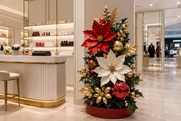 Cụm hoa Giáng sinh composite trong showroom mỹ phẩm cạnh quầy tư vấn để minh họa cách phối màu sang và không cản lối đi