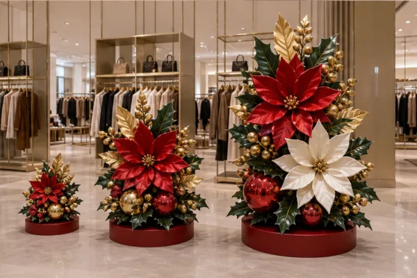 Bộ hoa Noel đồng bộ cho chuỗi cửa hàng với ba kích thước khác nhau để minh họa cách mở rộng module theo từng mặt bằng