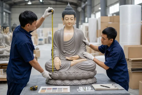 Nhân sự xưởng kiểm tra kích thước, màu bề mặt và điểm liên kết của tượng Phật composite trước khi đóng gói