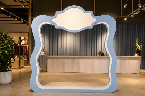 Khung chữ composite tại khu check-in showroom với logo, viền nổi và ánh sáng cửa hàng để minh họa cách bố trí thông điệp...