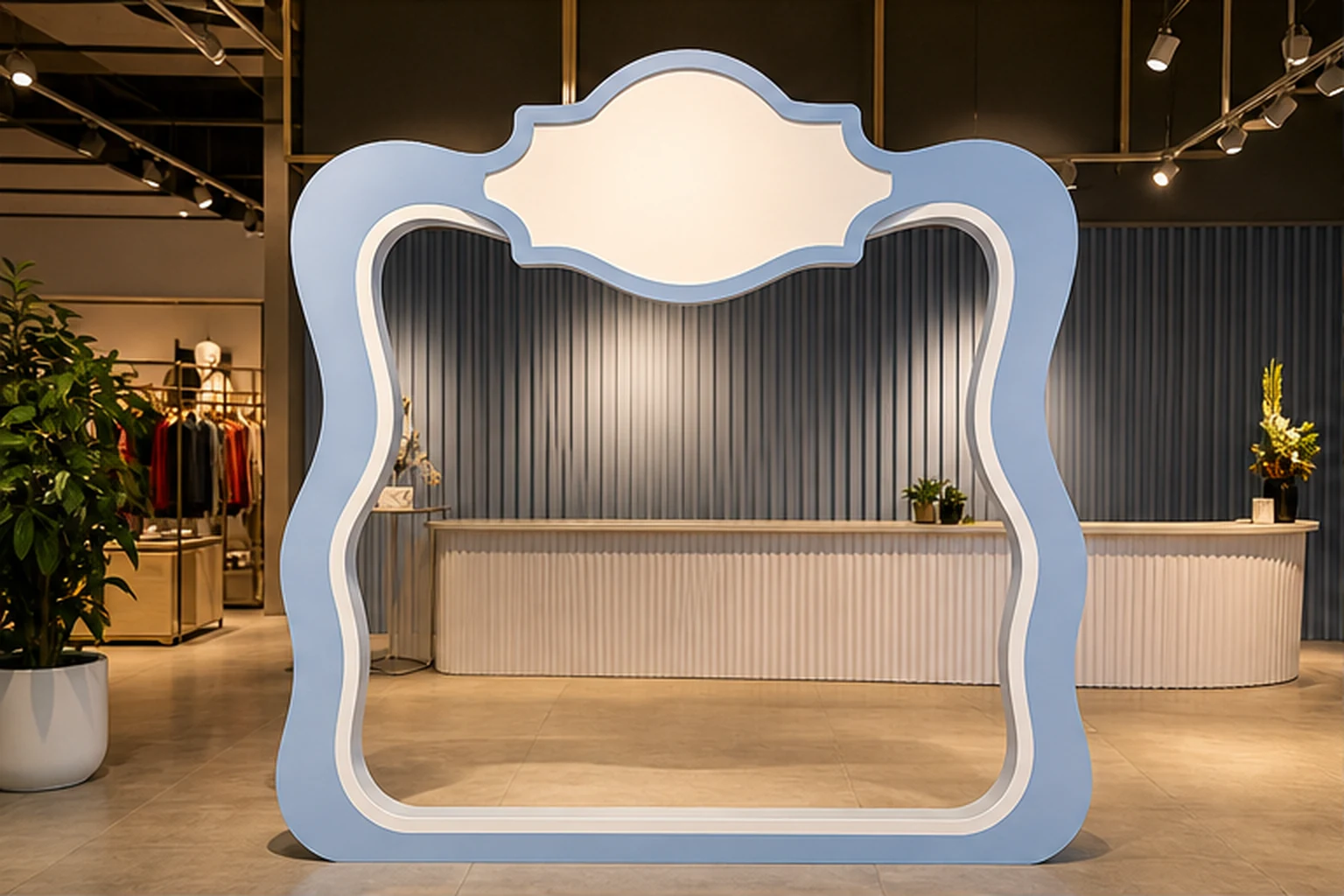 Khung chữ composite tại khu check-in showroom với logo, viền nổi và ánh sáng cửa hàng để minh họa cách bố trí thông điệp...
