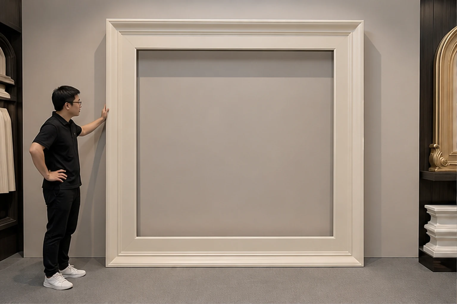 bản vẽ tỷ lệ khung tranh composite kèm người đứng cạnh trong showroom, thể hiện bước duyệt kích thước trước khi thêm hoa văn