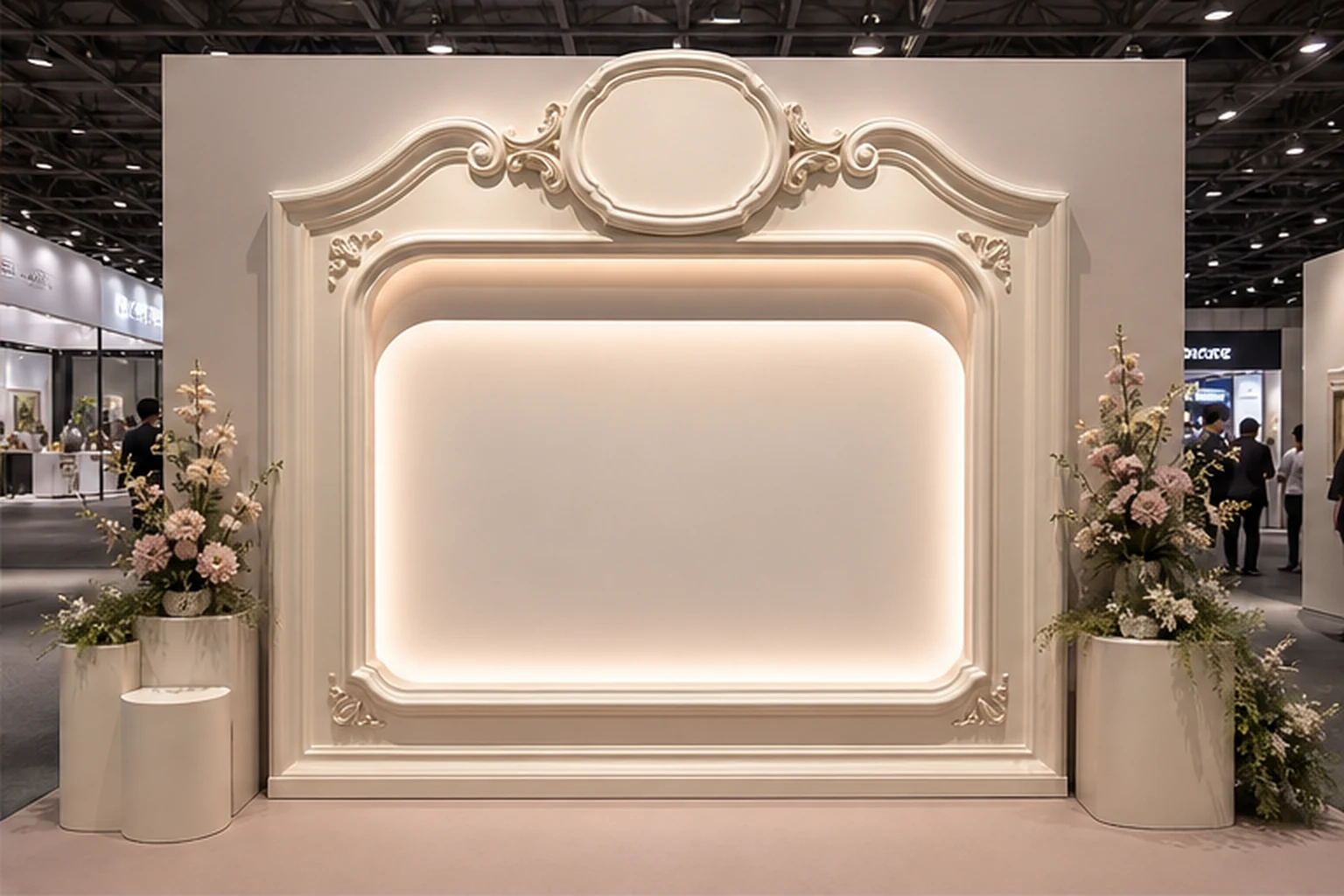 khung tranh composite hoàn thiện trong booth sự kiện thương mại, có logo và khu vực khách chụp ảnh để minh họa ưu tiên...