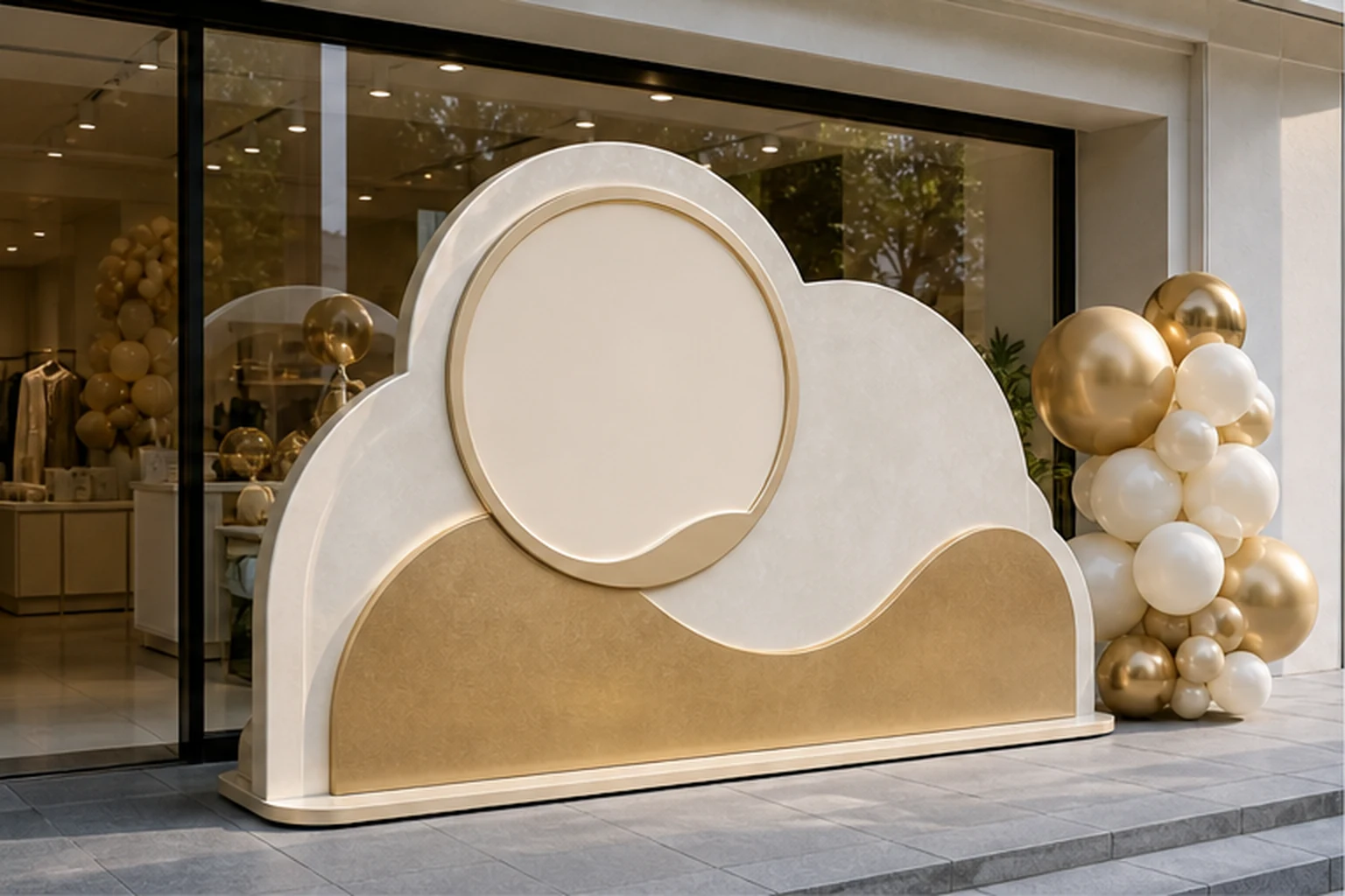 Mô hình check-in composite màu trắng vàng đặt ngoài trời trước cửa hàng, có khung tròn trung tâm để gắn logo và cụm bóng...