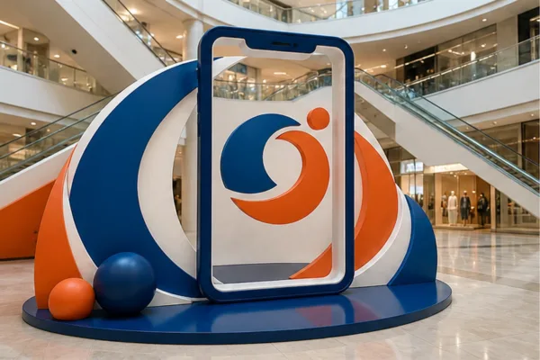 mô hình check-in composite kích thước lớn tại sảnh trung tâm thương mại với logo thương hiệu rõ trong khung ảnh điện thoại