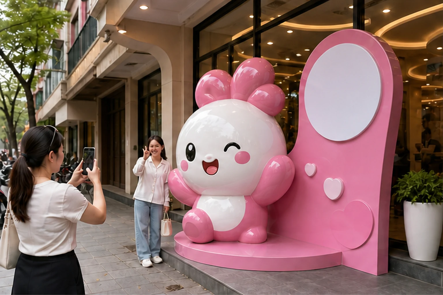 Tượng mascot composite màu hồng trắng đặt trước cửa hàng, bên cạnh có khách tạo dáng và một người đang chụp ảnh bằng điện...