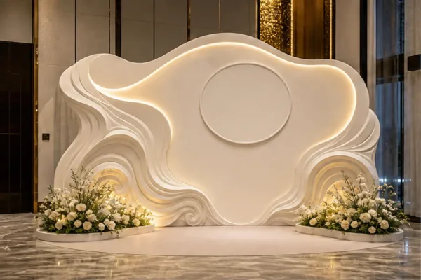 phù điêu composite đặt tại khu check-in sự kiện với logo nổi, khoảng đứng cho khách chụp ảnh nhóm và ánh sáng thương hiệu...