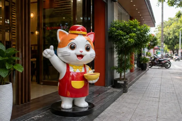 Tượng mascot composite trước cửa hàng với bệ gọn và lối đi rộng
