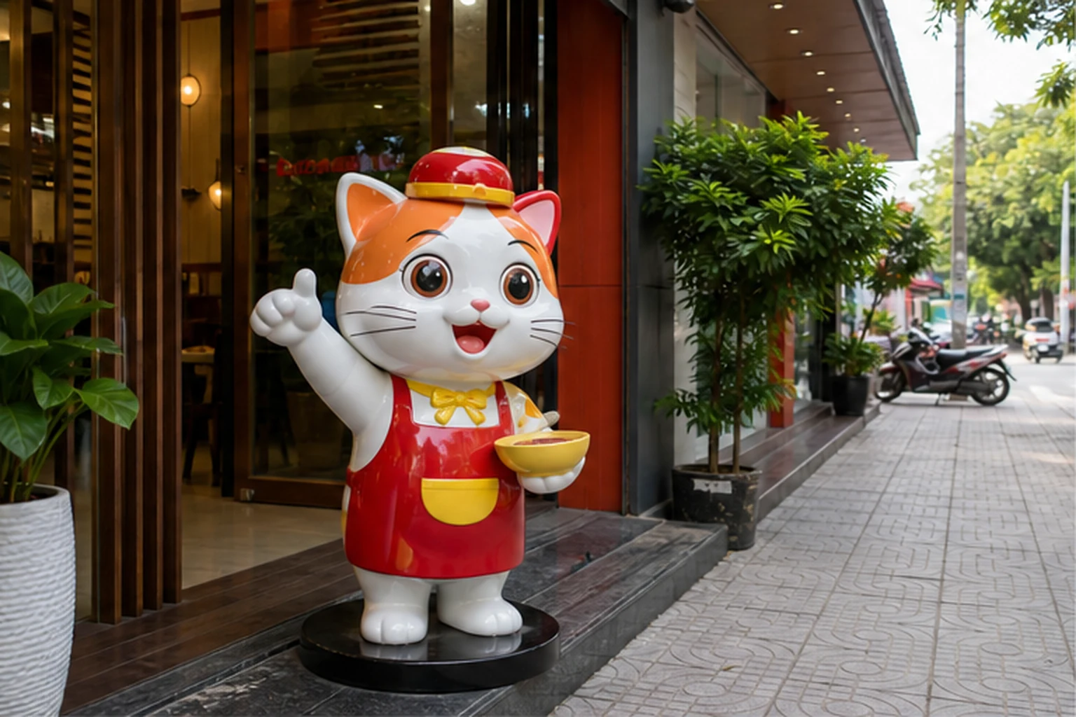 Mô hình mascot mèo composite mặc tạp dề đỏ đặt trước cửa hàng trên vỉa hè, chụp từ góc lối đi để khách nhìn thấy rõ sản...