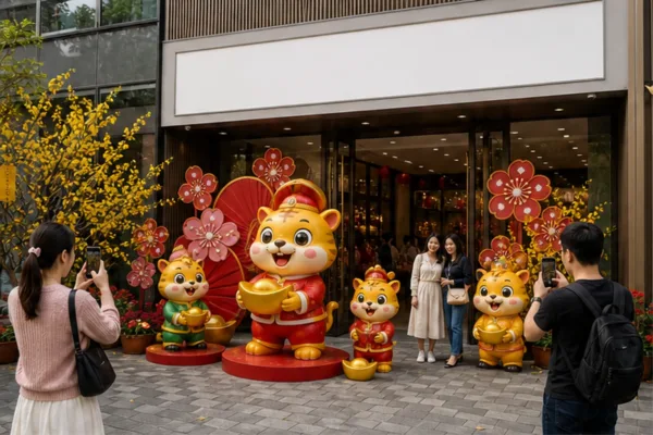 Cụm mascot composite tại điểm check-in cửa hàng có logo và lối đi thoáng