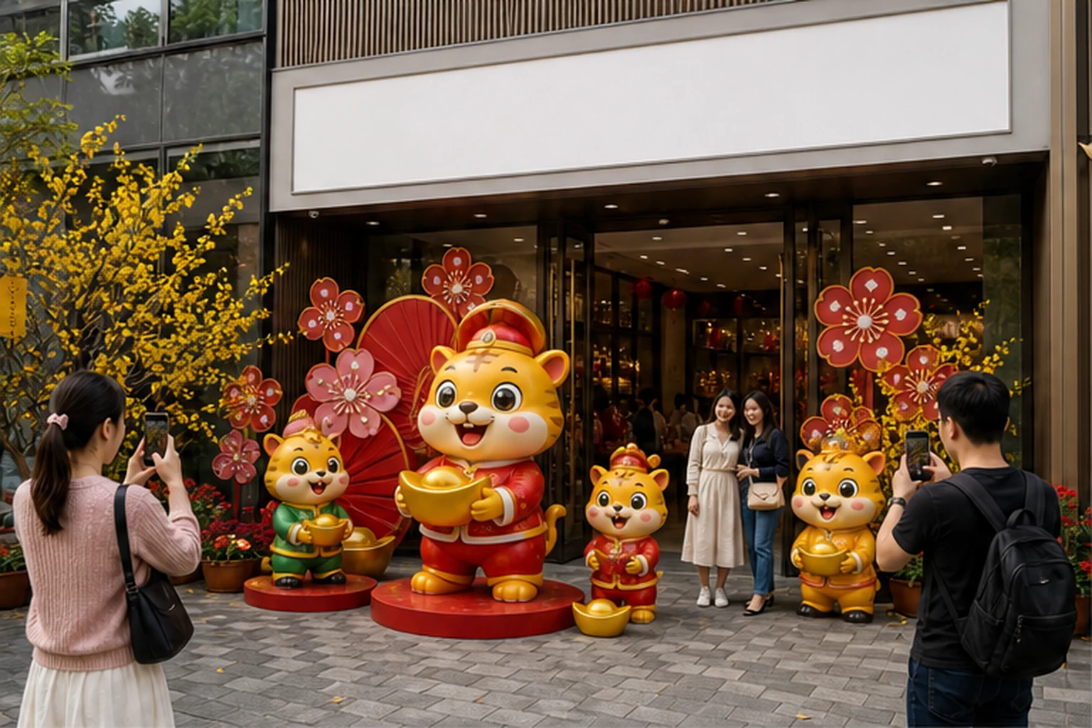 Cụm tượng mascot Tết bằng composite màu đỏ vàng đặt trước cửa hàng mặt phố, có người đứng chụp ảnh và lối vào vẫn thông...