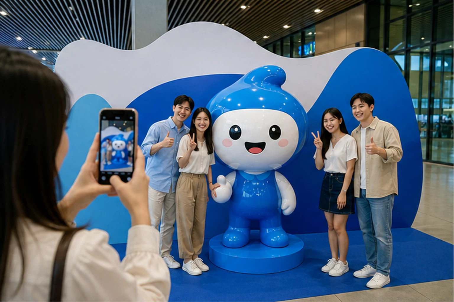 Góc check-in showroom với linh vật composite màu xanh trắng cỡ lớn trên bục, nhóm khách đứng hai bên tạo dáng và một...
