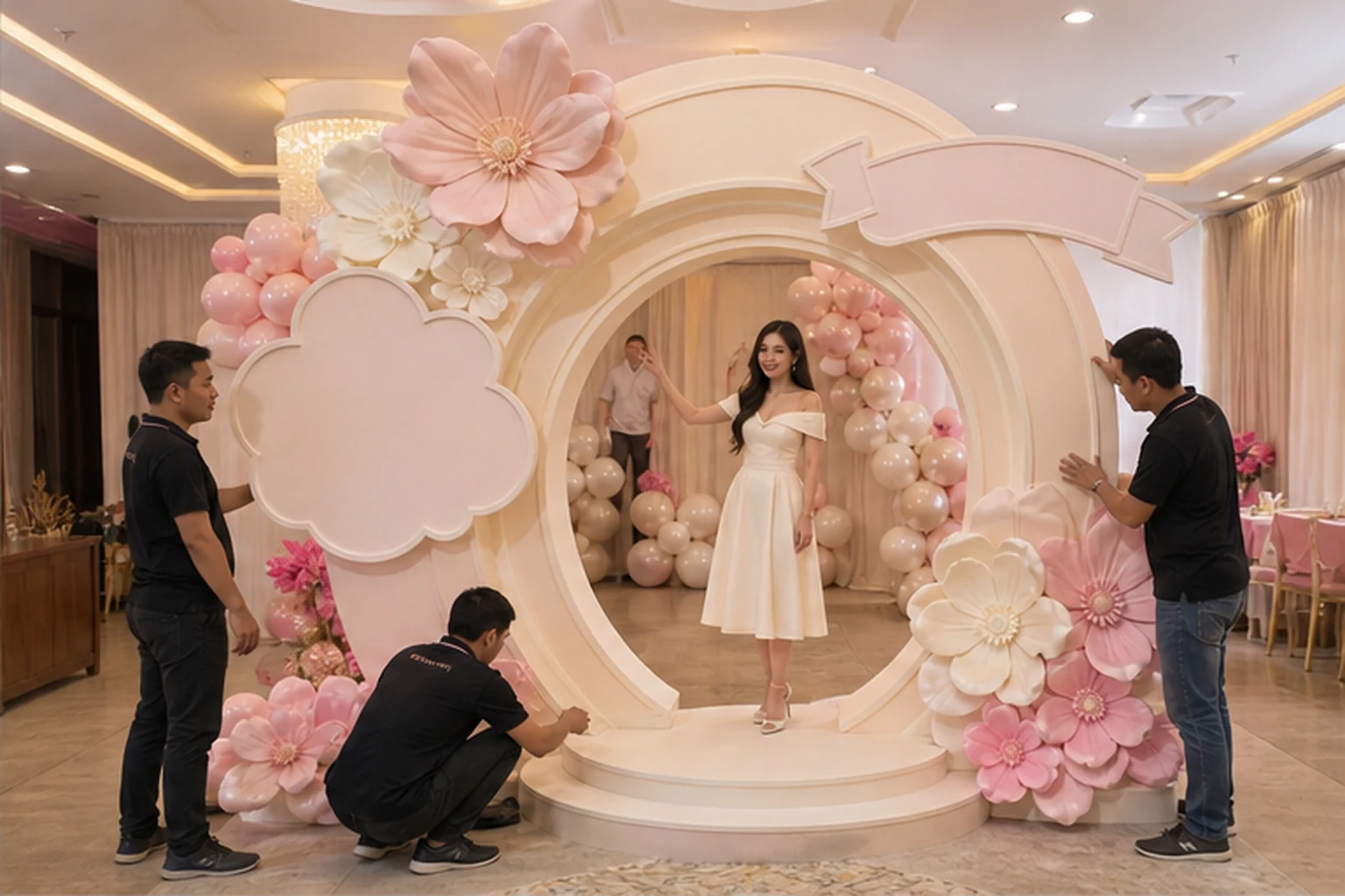 Đội thi công căn chỉnh backdrop sự kiện màu hồng kem với khung vòm composite, hoa nổi, bóng bay và vùng bảng logo trống,...