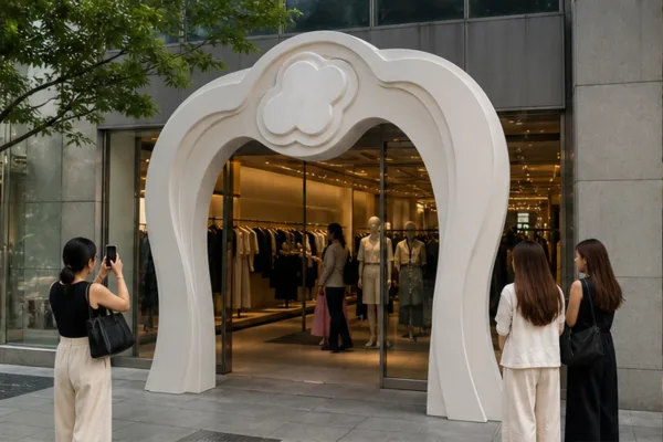 Khung composite dạng vòm đặt trước cửa shop thời trang với logo nổi, khách đứng chụp ảnh và mặt tiền vẫn thông thoáng