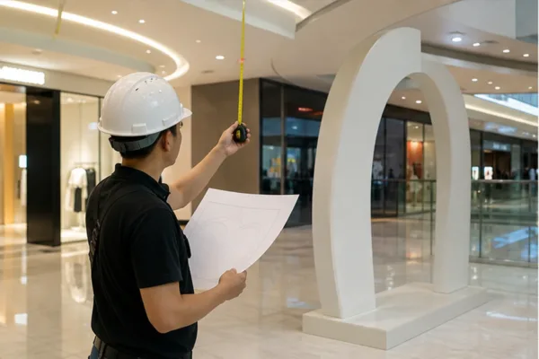 Kỹ thuật viên đo khu vực đặt khung composite tại trung tâm thương mại, đối chiếu bản vẽ với lối đi và chiều cao trần