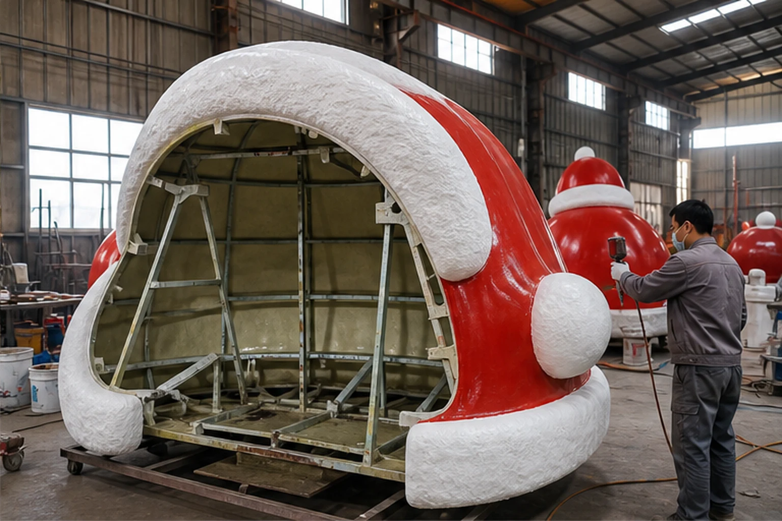Công nhân trong xưởng đang phun sơn hoàn thiện mô hình Noel composite màu đỏ trắng với bề mặt giả tuyết, khung gia cường...